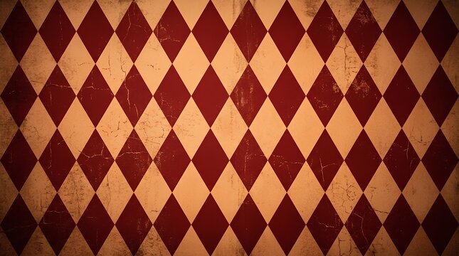 Red and gold harlequin diamond pattern with a vintage distressed texture.