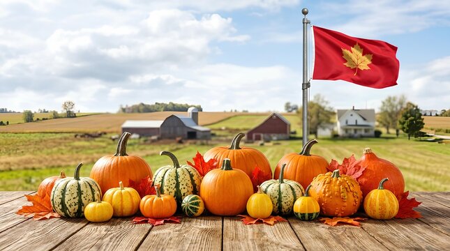 Red Canadian flag with a maple leaf waving over a display of pumpkins on a rural farm.