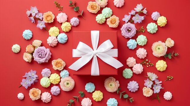 Red gift box with white ribbon surrounded by colorful meringue cookies and spring flowers on red background.