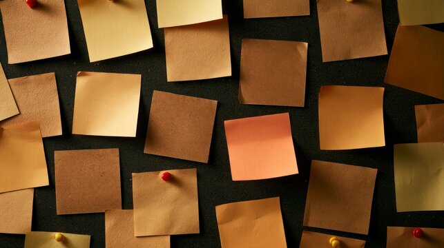 Assorted beige and orange blank sticky notes and paper reminders pinned to a dark board for planning and brainstorming