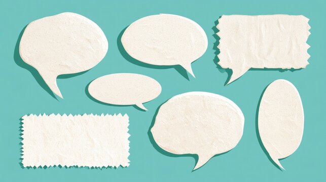 Collection of various white paper speech bubbles and cutouts on a teal background with copy space