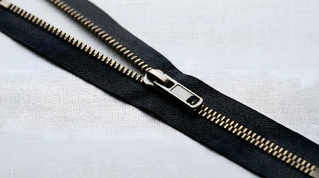 High quality metal zipper with brass teeth on black leather fabric over a white background for fashion and textile design.