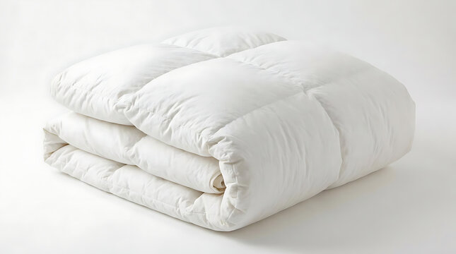 Folded white down duvet on plain white background