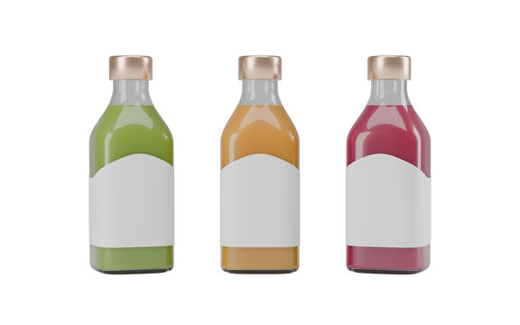 Juice bottles with blank labels mockup on transparent background