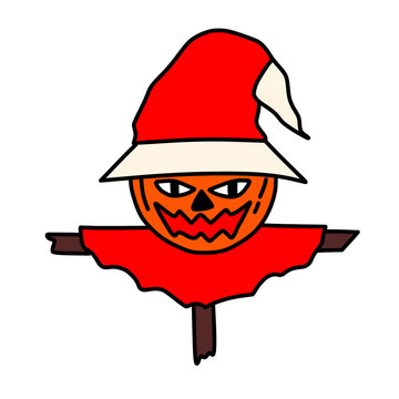Pumpkin scarecrow with red hat cartoon vector art