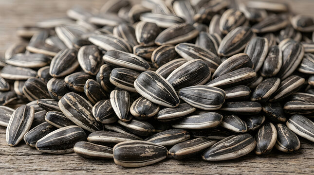 Pile of roasted striped sunflower seeds on a rustic wooden background, a healthy and natural organic snack.