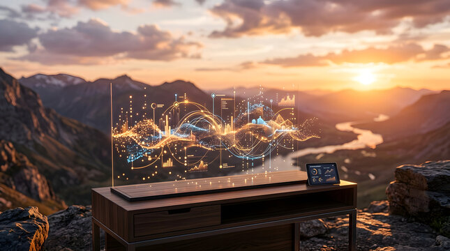 Advanced holographic data visualization interface on a modern desk overlooking a majestic mountain range during sunset.