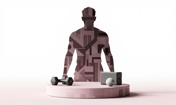 sleek minimalist podium centered soft pastel pink studio backdrop holding various sports equipment dumbbells tennis