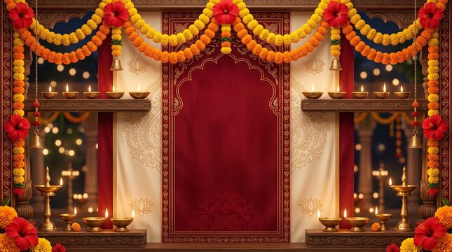 Maha Ashtami elegant Indian festival background with red flowers, brass lamps and traditional copy space