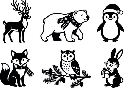 Set of Cute Animal Icons and Cartoon Silhouettes with Dog, Cat, Pig, Tiger, Cow, Bird, Bear, Rabbit, Horse and Lion Vector Illustrations