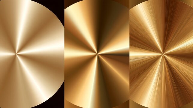 Set of three abstract golden radial textures with conical gradients and brushed metallic finish