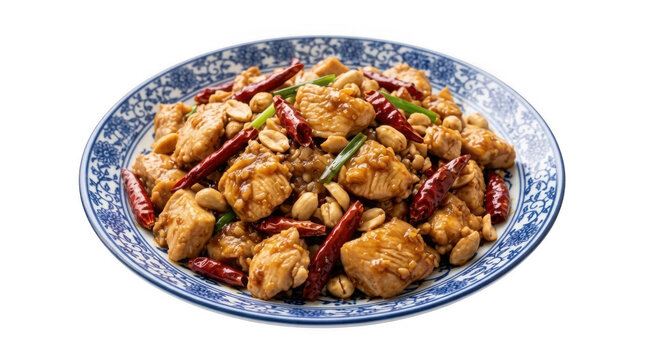 Spicy kung pao chicken with peanuts and dried chili peppers on a blue plate isolated on transparent background