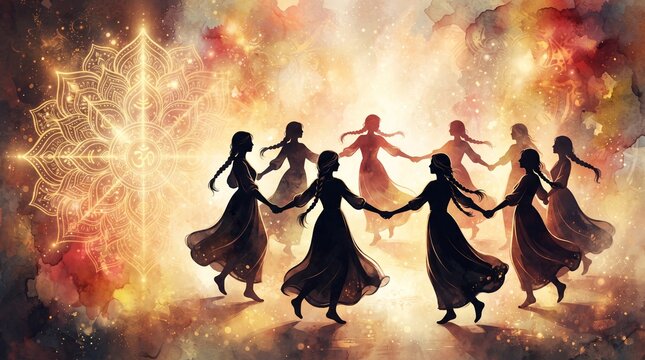Women in traditional dresses dancing in a circle with om symbol