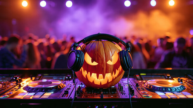 Jack-o-lantern dj spinning halloween beats at a vibrant club party, mixing music for a dancing crowd under festive lights