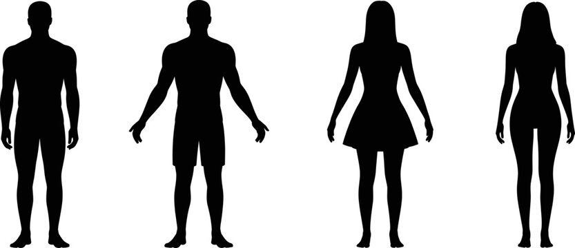 Set of four black human silhouettes, including two men and two women standing in a front-facing pose on a plain white background