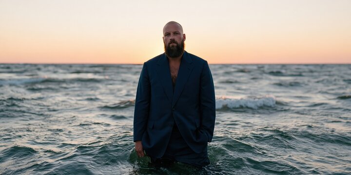 Man in navy suit standing in sea at sunset with hands in pockets for dramatic editorial background and poster design