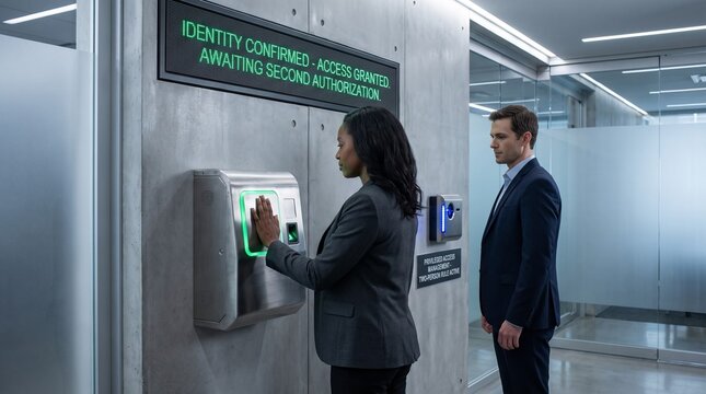 Diverse corporate professionals executing a two-person rule biometric hand scan beneath an awaiting second authorization sign in a secure facility