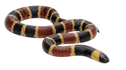 Obraz premium A colorful milk snake with black red and yellow rings coiled on the ground isolated on transparent background