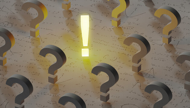  Abstract mathematical background featuring three-dimensional question marks, equations, geometric diagrams, and a bright yellow exclamation mark, symbolizing problem solving, curiosity, and education