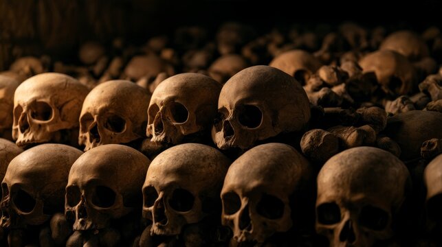 Rows of ancient human skulls stacked in a dark, atmospheric catacomb ossuary