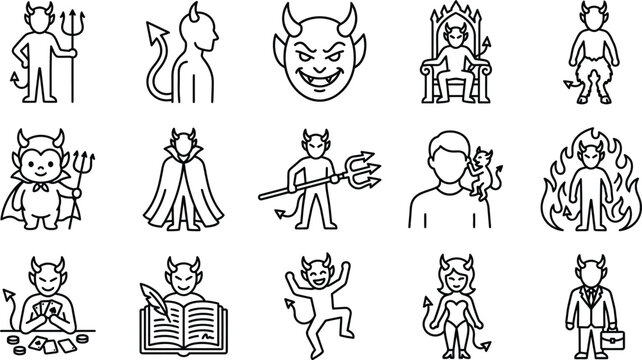 Devil vector icon set featuring various satanic character designs and evil symbols on transparent background