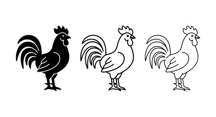 Set of rooster icon illustrations in solid black and outline styles for farm or poultry branding with farm animal farm bird cockerel agriculture livestock illustration silhouette © Bobita