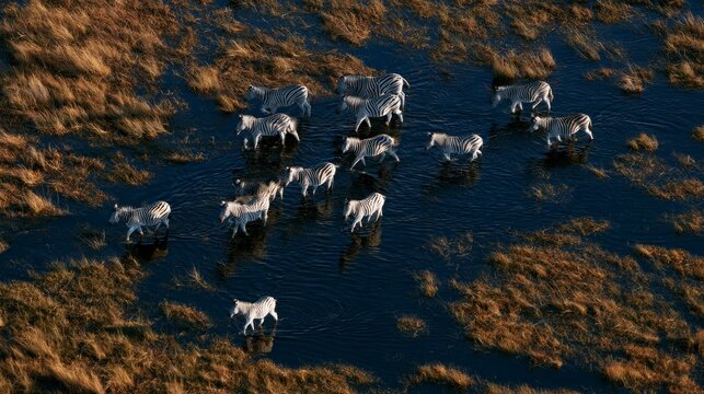 Aerial view of a herd of zebras crossing the wetlands of the Okavango Delta in Botswana at sunset