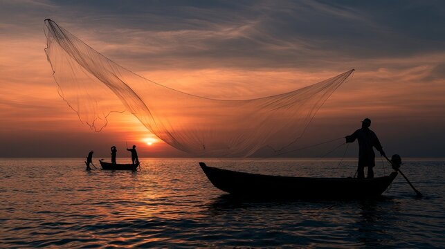 Silhouette of traditional fishermen casting a large net from wooden boats at sunset on a calm sea