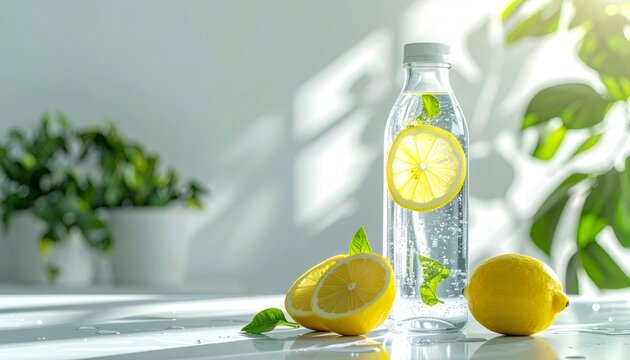 Refreshing lemon mint detox water in glass bottle