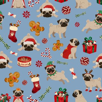 Watercolor style repeating print featuring funny pugs in winter holiday outfits with festive elements on a light blue background.