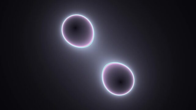 Glowing cyan and magenta neon ring dividing into two and merging back like a cell, abstract light on black, seamless 4K loop