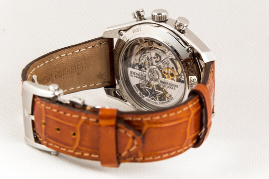 Luxury Zenith El Primero Chronomaster Cohiba edition chronograph watch featuring open-heart dial, tachymeter bezel, steel case, and brown leather strap.