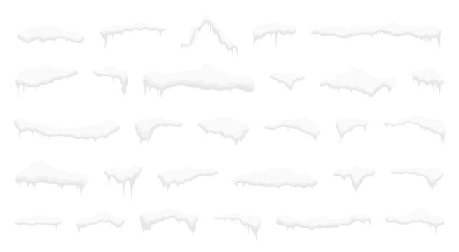 Frost covered snow ledges with hanging icicles and irregular frozen edges.