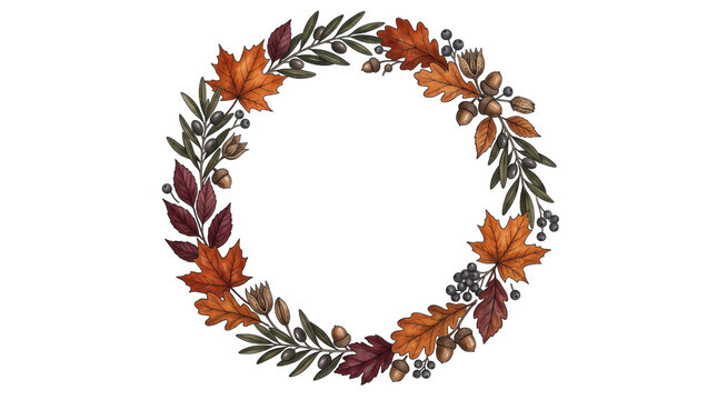 Autumn leaves and acorns wreath with olive branches ideal for fall harvest decoration design.