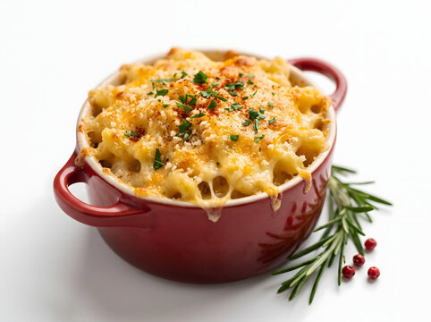 Delicious freshly baked macaroni and cheese casserole with golden browned bubbly cheddar crust in a red ceramic cocotte dish garnished with rosemary and peppercorns on clean white background