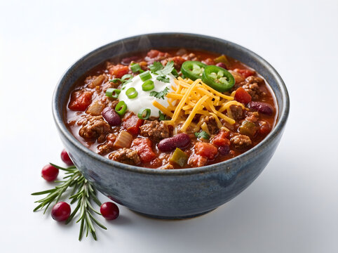 Spicy beef and kidney bean chili stew in a rustic blue ceramic bowl garnished with sour cream shredded cheddar cheese jalapeno slices fresh rosemary sprig and cranberries on white background