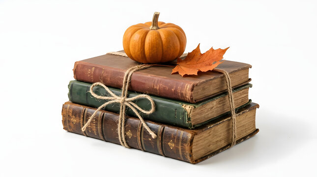 Cozy autumn still life of three vintage antique hardcover books tied with rustic jute twine bow and decorated with miniature orange pumpkin and fall maple leaf isolated on white background