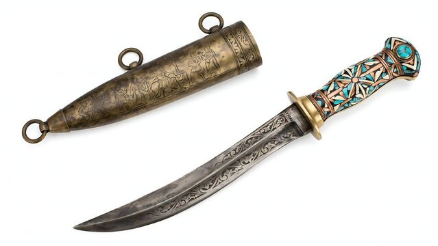Dagger with ornate handle and matching scabbard lies on a white surface.