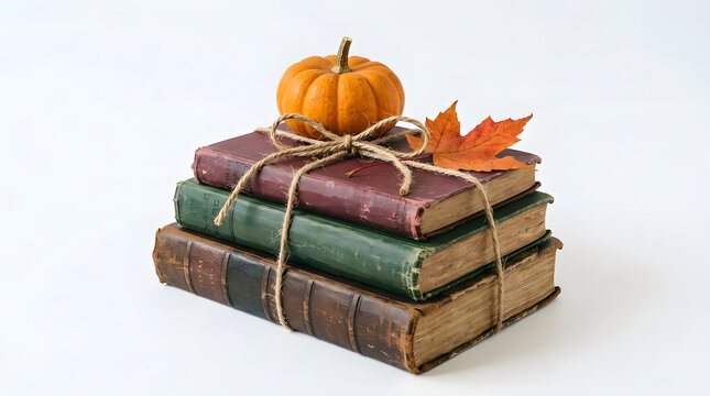Vintage stack of three antique hardcover books tied with rustic twine bow and topped with an orange miniature pumpkin and autumn maple leaf isolated on clean white background for fall concept
