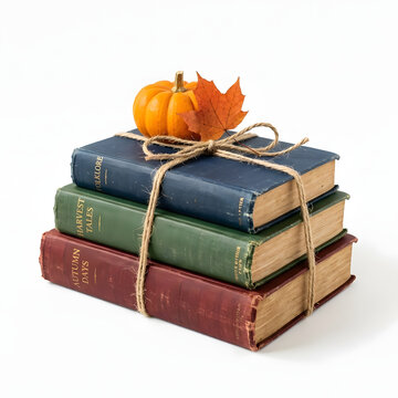 Stack of vintage hardcover books tied with rustic jute twine bow topped with ripe miniature orange pumpkin and dry autumn maple leaf isolated on clean white background for seasonal reading