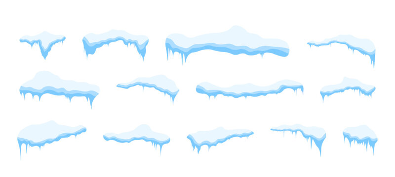 Set of snowy frozen ledges with delicate icicles and uneven crystalline edges.