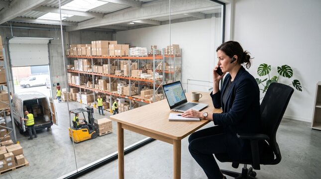 Woman in office on phone overlooking busy warehouse logistics operations