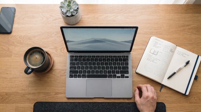 Overhead view of a modern desk setup with laptop coffee plant and notebook for remote work or study