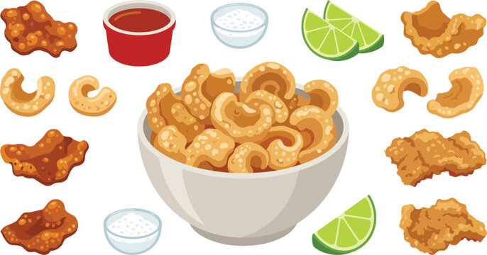 Crispy pork rinds chicharron vector illustration set with crunchy cracklings in a bowl, spicy dipping sauce, salt, and lime wedges isolated on white background