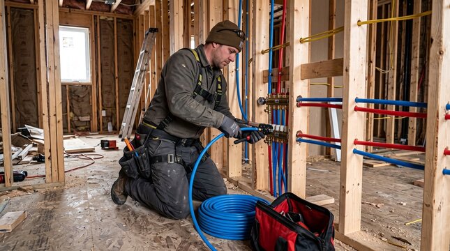 Plumber installing PEX pipes in a new home construction site