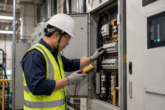 Workplace Safety Inspector Checking Electrical Distribution Panel in Facility