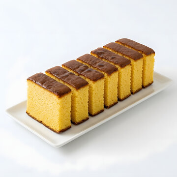 Traditional Japanese castella sponge cake slices neatly arranged on white rectangular ceramic serving plate showing fluffy yellow crumb and golden brown top isolated on clean white background