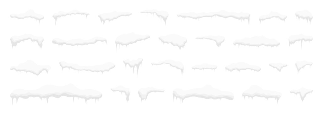 Natural winter ice formations with dripping icicles and layered snow shapes.