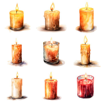 Assortment of burning candles creates soft and warm ambient light