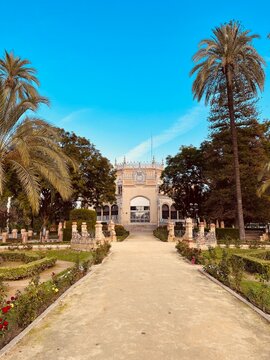 Maria Luisa Park in Seville, Andalusia, Spain. Historic public garden with lush trees, ornamental fountains, tiled benches and shaded pathways.